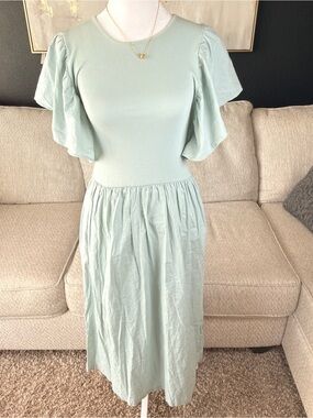 Zara Light Sage Green Midi Dress with Flutter Sleeves